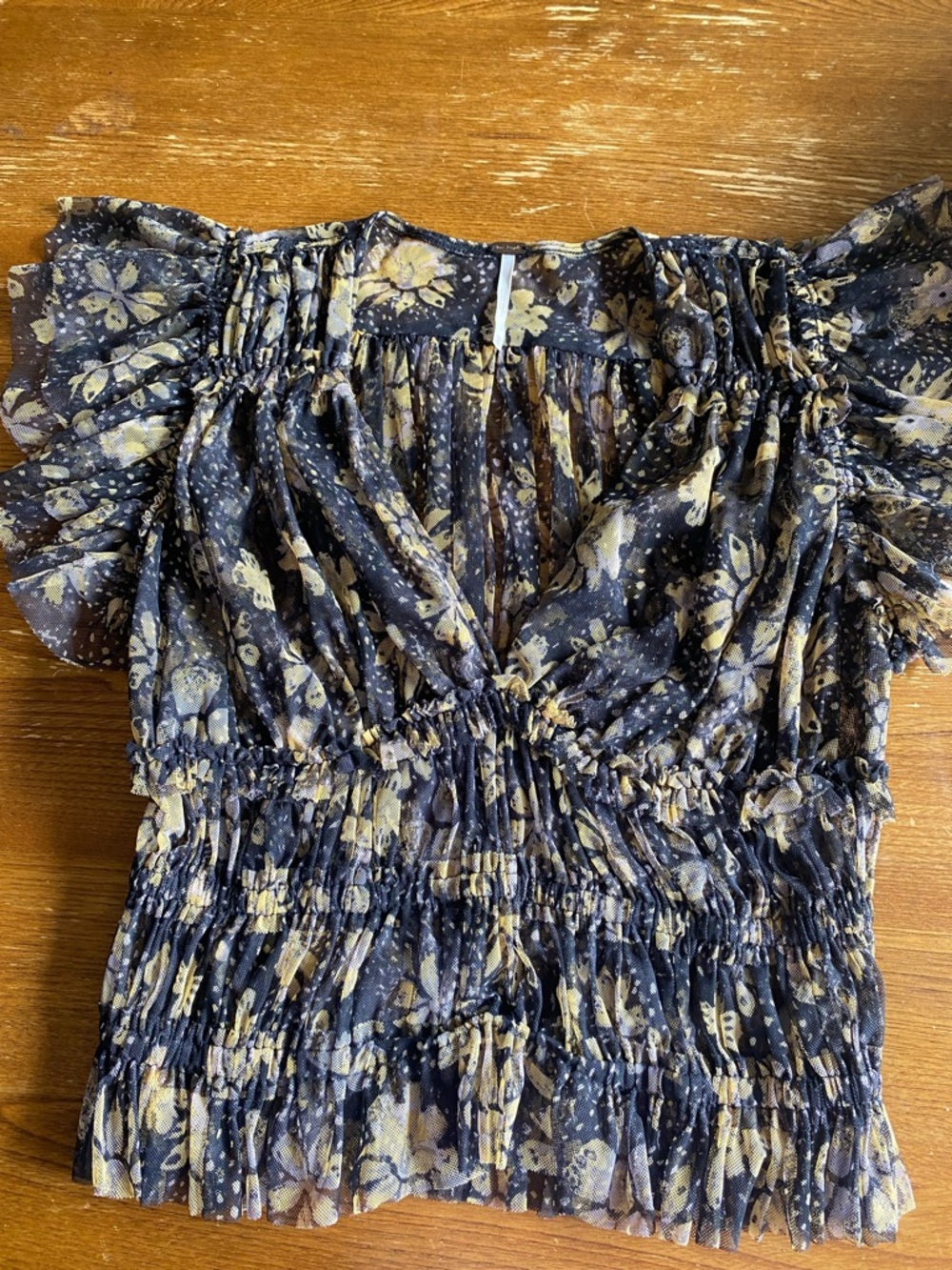 Free People floral Smocked cinched waist Top in black gray and yellow